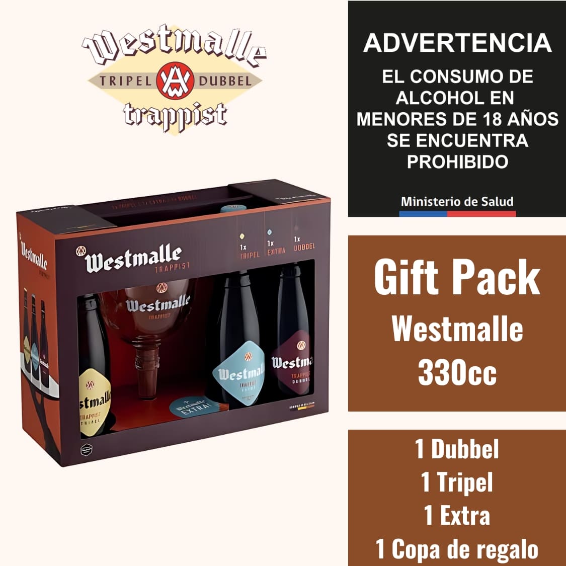Gift pack Westmalle 1 Dubbel + 1 Trippel 330cc + 1 Extra 330cc + 1 Copa de regalo