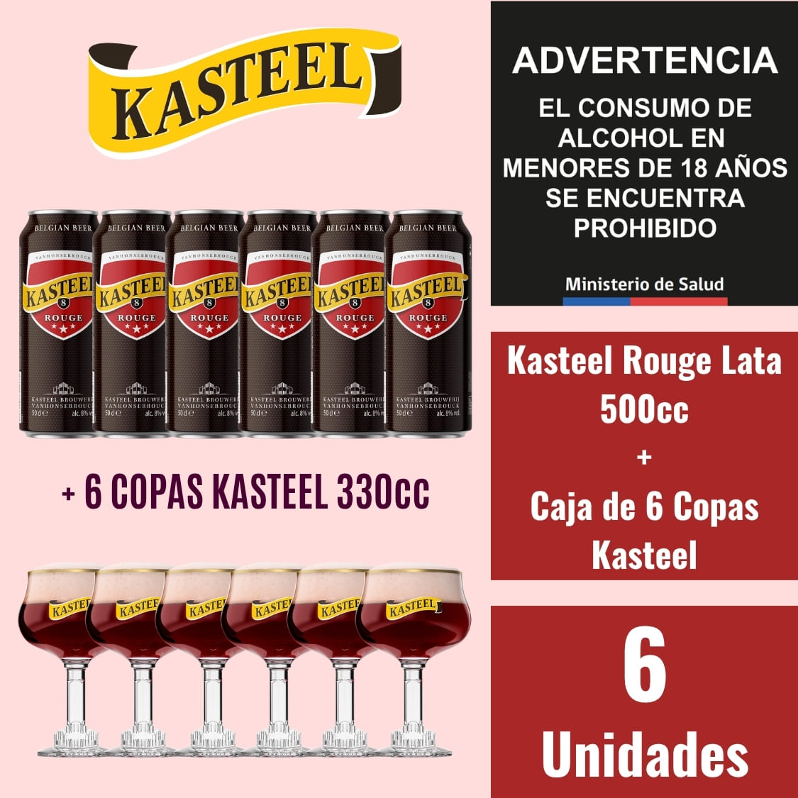 Kasteel Rouge Lata 500cc 6 Und. + Caja de Copas Kasteel 6 Und.