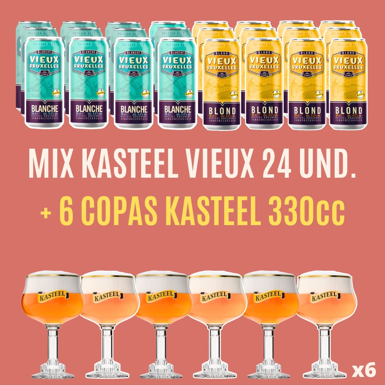 Mix Kasteel Vieux Bruxelles 500cc 24 Und. + 6 Copas Kasteel 330cc