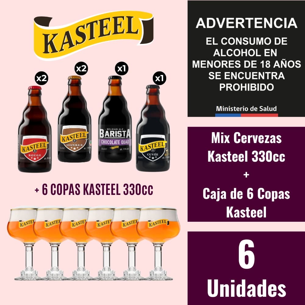 Mix Cerveza Kasteel 330ml 6 Und. + Caja de Copas Kasteel 6 Und.